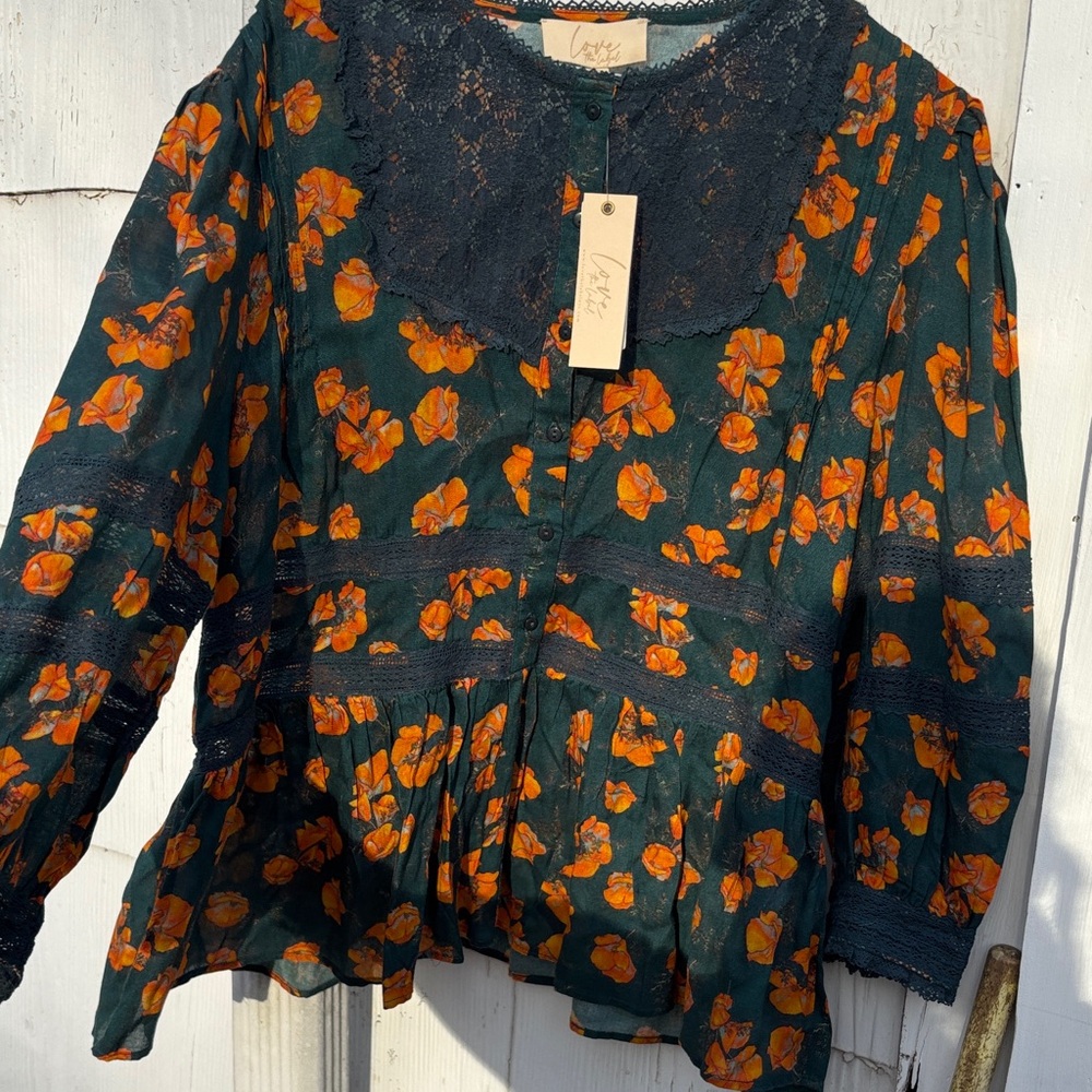 Anthropologie Dark Green and Orange Floral Blouse